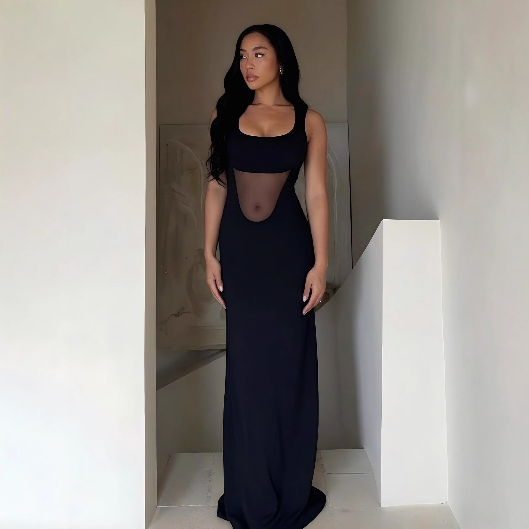 Vestido Sreina Patchwork Transparente con Cuello Cuadrado